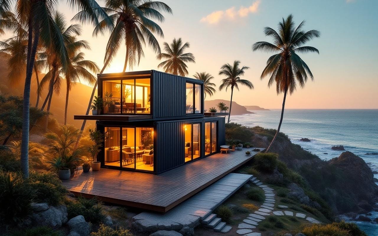 maison-realisee-a-partir-de-conteneurs-maritimes-au-bord-de-la-mer-entouree-de-palmiers-avec-terrasse-en-bois-et-grandes-baies-vitrees-ciel-degage-et-lumiere-doree-creant-une-ambiance-calme-e